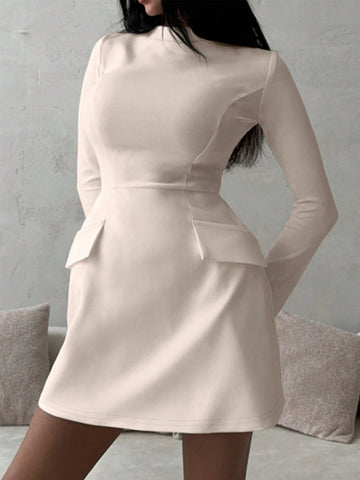 Elegant Long Sleeve Fitted Solid Color Short Dress, For Autumn