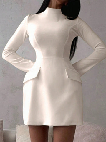 Elegant Long Sleeve Fitted Solid Color Short Dress, For Autumn
