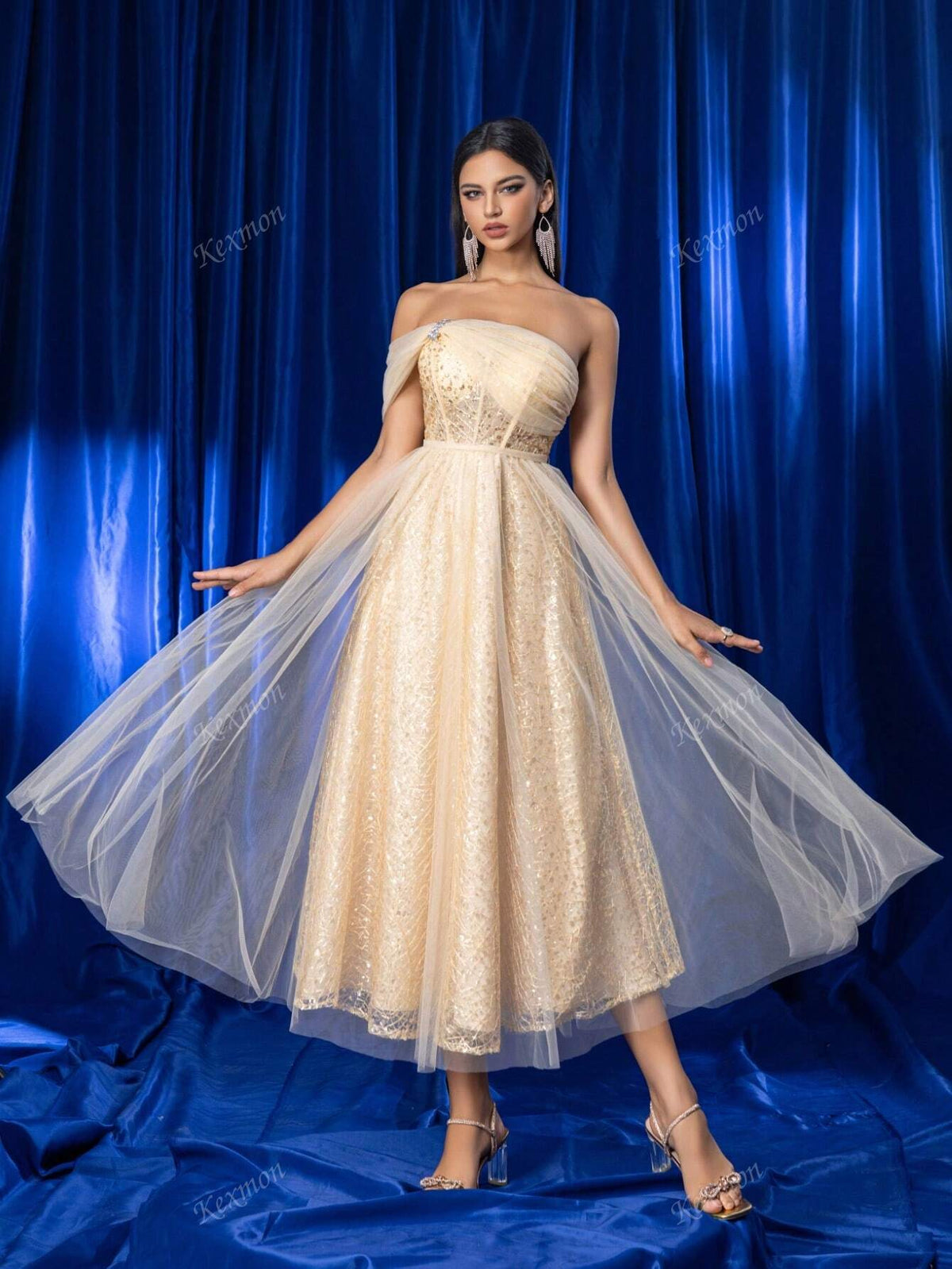 Elegant Luxury Mesh Patchwork Sequin Decor Non-Strapless Bridesmaid Party Wedding Guest Formal Long Dress For Women