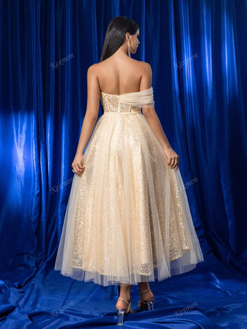 Elegant Luxury Mesh Patchwork Sequin Decor Non-Strapless Bridesmaid Party Wedding Guest Formal Long Dress For Women