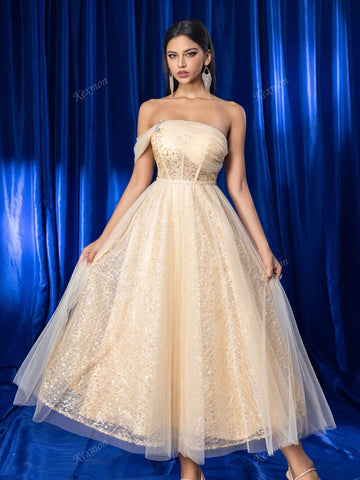 Elegant Luxury Mesh Patchwork Sequin Decor Non-Strapless Bridesmaid Party Wedding Guest Formal Long Dress For Women