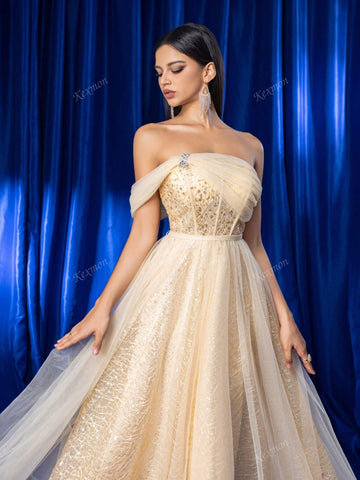 Elegant Luxury Mesh Patchwork Sequin Decor Non-Strapless Bridesmaid Party Wedding Guest Formal Long Dress For Women