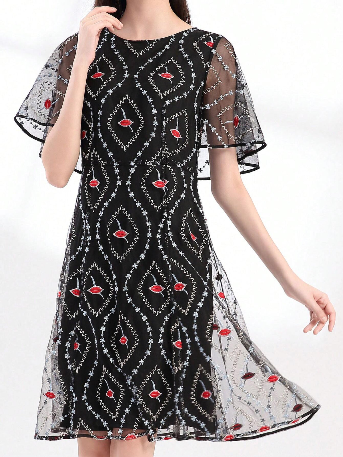 Elegant Mesh Embroidered High Waist Slimming Midi Dress With Versatile Style