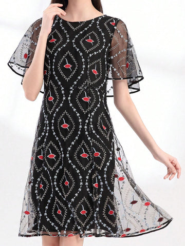 Elegant Mesh Embroidered High Waist Slimming Midi Dress With Versatile Style