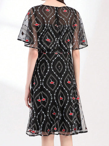 Elegant Mesh Embroidered High Waist Slimming Midi Dress With Versatile Style