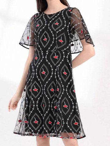 Elegant Mesh Embroidered High Waist Slimming Midi Dress With Versatile Style