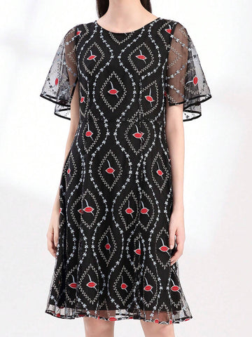 Elegant Mesh Embroidered High Waist Slimming Midi Dress With Versatile Style