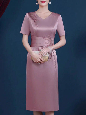 Elegant Mother Of The Bride Short Sleeve V-Neck Formal Dress