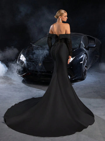 Elegant Off Shoulder Contrast Lace Mermaid Hem Satin Wedding Dress