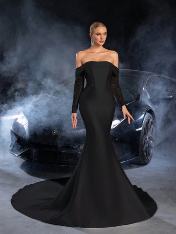 Elegant Off Shoulder Contrast Lace Mermaid Hem Satin Wedding Dress