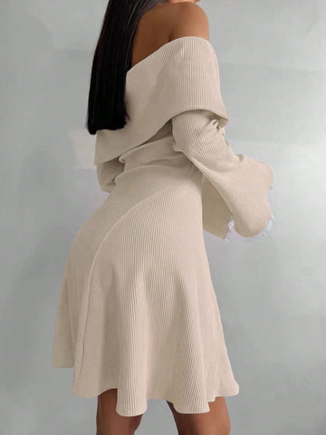 Elegant Off Shoulder Long Sleeve Lace Patchwork High Waist Bodycon Mini Dress