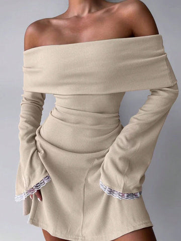 Elegant Off Shoulder Long Sleeve Lace Patchwork High Waist Bodycon Mini Dress
