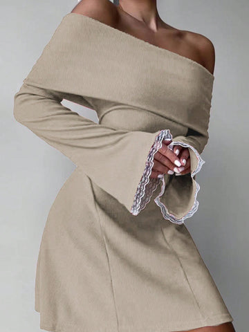 Elegant Off Shoulder Long Sleeve Lace Patchwork High Waist Bodycon Mini Dress