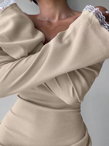 Elegant Off Shoulder Long Sleeve Lace Patchwork High Waist Bodycon Mini Dress