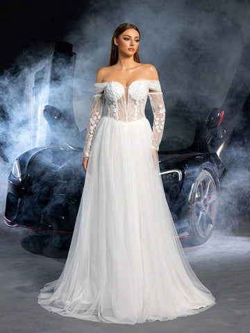 Elegant Off Shoulder Long Sleeves Lace Up Backless Floral Applique Beaded Wedding Dress