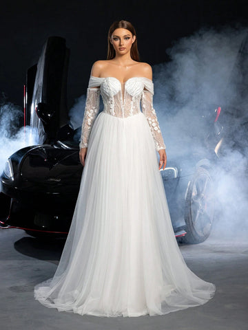 Elegant Off Shoulder Long Sleeves Lace Up Backless Floral Applique Beaded Wedding Dress