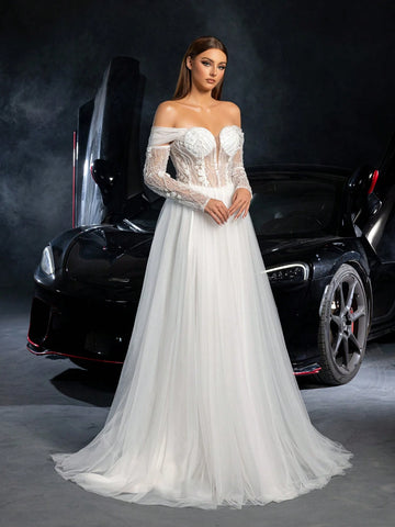 Elegant Off Shoulder Long Sleeves Lace Up Backless Floral Applique Beaded Wedding Dress