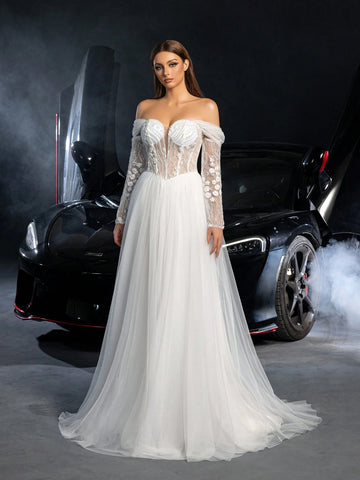 Elegant Off Shoulder Long Sleeves Lace Up Backless Floral Applique Beaded Wedding Dress