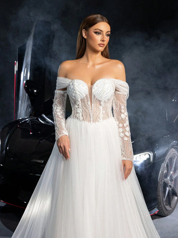 Elegant Off Shoulder Long Sleeves Lace Up Backless Floral Applique Beaded Wedding Dress