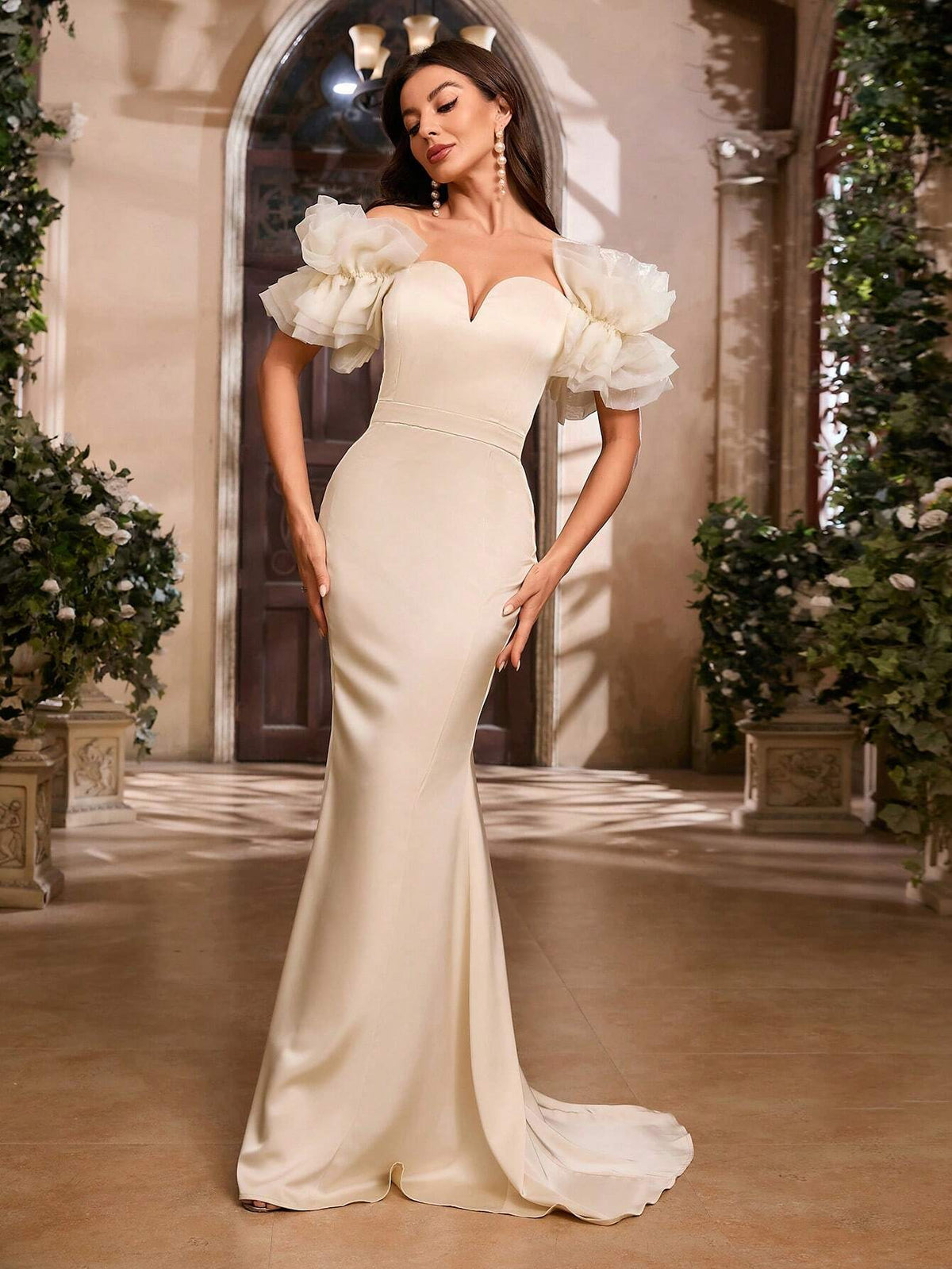 Elegant Off Shoulder Mesh Maxi Dress With Ruffle Trim