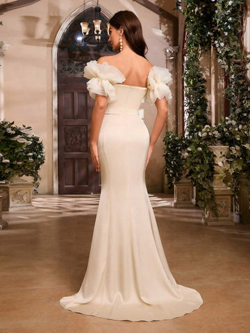 Elegant Off Shoulder Mesh Maxi Dress With Ruffle Trim