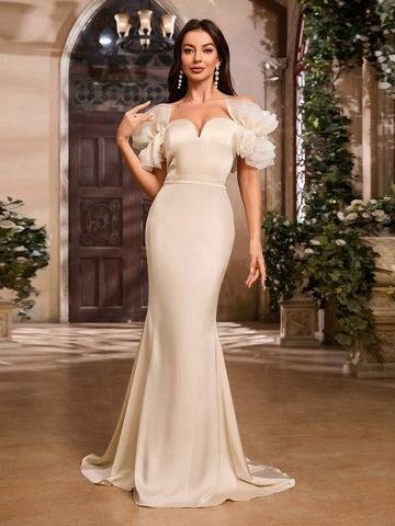 Elegant Off Shoulder Mesh Maxi Dress With Ruffle Trim