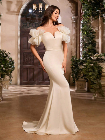 Elegant Off Shoulder Mesh Maxi Dress With Ruffle Trim