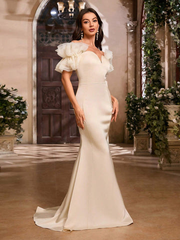 Elegant Off Shoulder Mesh Maxi Dress With Ruffle Trim