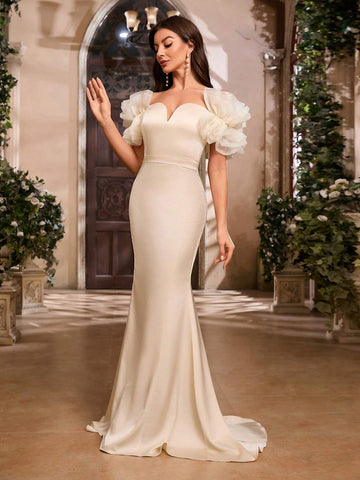 Elegant Off Shoulder Mesh Maxi Dress With Ruffle Trim