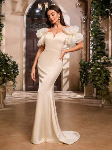 Elegant Off Shoulder Mesh Maxi Dress With Ruffle Trim