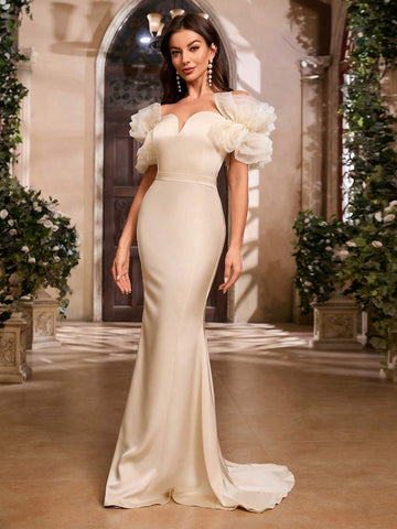 Elegant Off Shoulder Mesh Maxi Dress With Ruffle Trim