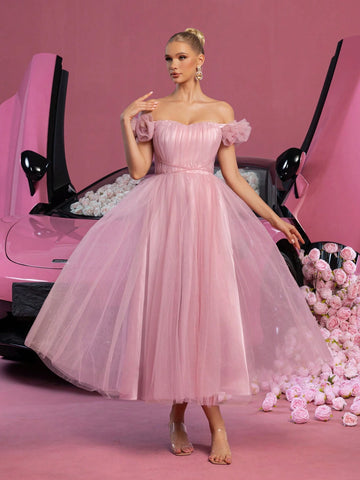 Elegant Off Shoulder Ruched Front Tulle Prom Homecoming Dress Perfect For Back To School, Gathering, Dance & Cocktail Events