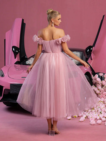 Elegant Off Shoulder Ruched Front Tulle Prom Homecoming Dress Perfect For Back To School, Gathering, Dance & Cocktail Events