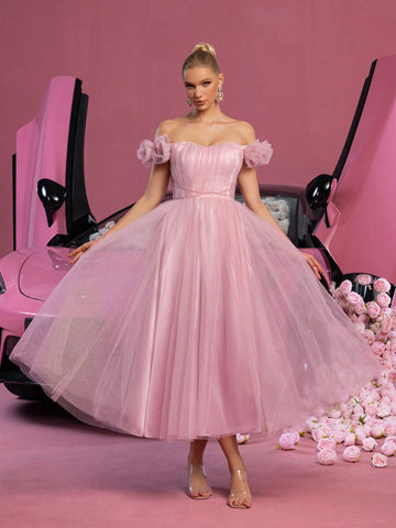 Elegant Off Shoulder Ruched Front Tulle Prom Homecoming Dress Perfect For Back To School, Gathering, Dance & Cocktail Events