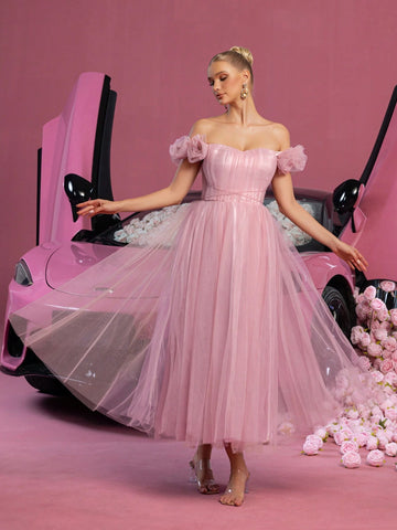 Elegant Off Shoulder Ruched Front Tulle Prom Homecoming Dress Perfect For Back To School, Gathering, Dance & Cocktail Events