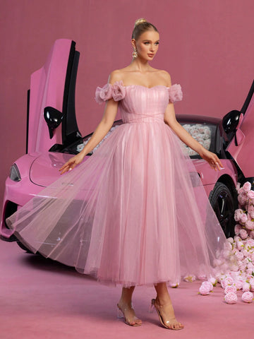 Elegant Off Shoulder Ruched Front Tulle Prom Homecoming Dress Perfect For Back To School, Gathering, Dance & Cocktail Events