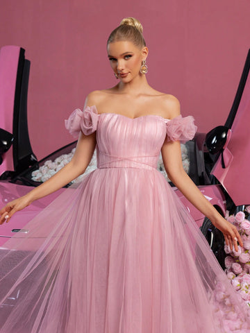 Elegant Off Shoulder Ruched Front Tulle Prom Homecoming Dress Perfect For Back To School, Gathering, Dance & Cocktail Events