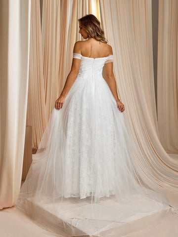 Elegant One-Shoulder White Lace Tulle Wedding Gown With Gorgeous Long Train Bridal Dress