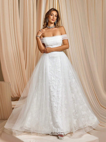 Elegant One-Shoulder White Lace Tulle Wedding Gown With Gorgeous Long Train Bridal Dress