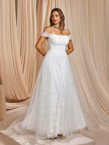 Elegant One-Shoulder White Lace Tulle Wedding Gown With Gorgeous Long Train Bridal Dress