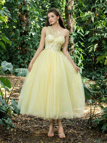 Elegant One Shoulder Mesh Overlay Floral Sequin Homecoming Party Dress Perfect For Back To School, Gathering, Dance & Cocktail Events