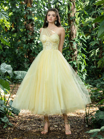 Elegant One Shoulder Mesh Overlay Floral Sequin Homecoming Party Dress Perfect For Back To School, Gathering, Dance & Cocktail Events