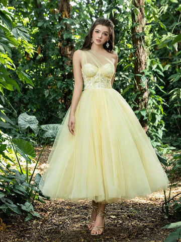 Elegant One Shoulder Mesh Overlay Floral Sequin Homecoming Party Dress Perfect For Back To School, Gathering, Dance & Cocktail Events