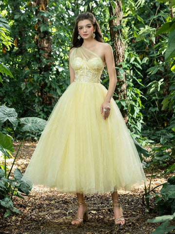 Elegant One Shoulder Mesh Overlay Floral Sequin Homecoming Party Dress Perfect For Back To School, Gathering, Dance & Cocktail Events