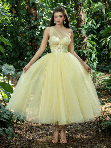 Elegant One Shoulder Mesh Overlay Floral Sequin Homecoming Party Dress Perfect For Back To School, Gathering, Dance & Cocktail Events