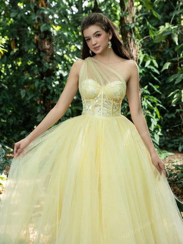 Elegant One Shoulder Mesh Overlay Floral Sequin Homecoming Party Dress Perfect For Back To School, Gathering, Dance & Cocktail Events