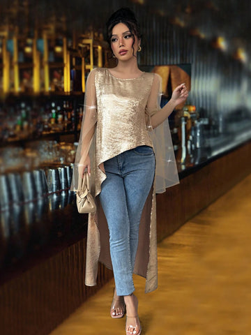 Elegant Party Wear Women's Loose Fit Gold Color Round Neck Flare Cuff Mesh Splice Asymmetric Blouse