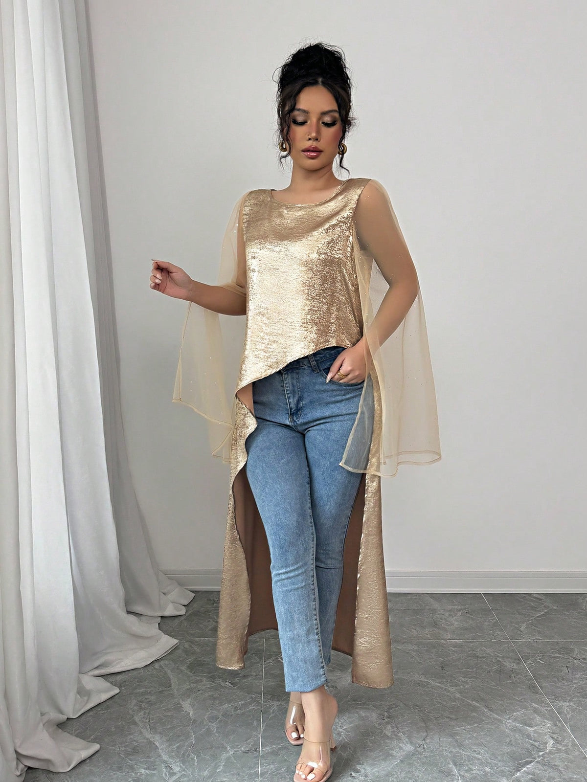 Elegant Party Wear Women's Loose Fit Gold Color Round Neck Flare Cuff Mesh Splice Asymmetric Blouse