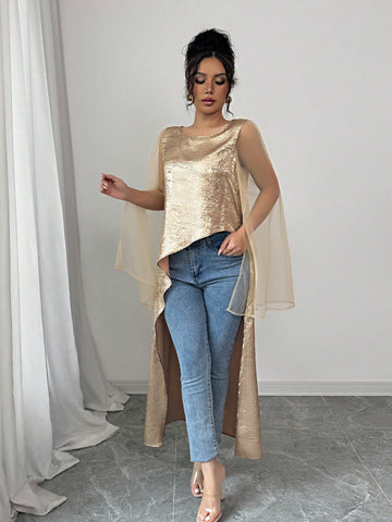 Elegant Party Wear Women's Loose Fit Gold Color Round Neck Flare Cuff Mesh Splice Asymmetric Blouse
