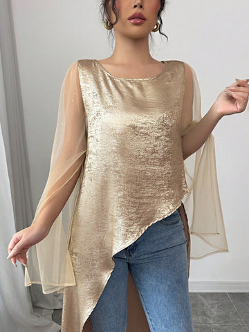 Elegant Party Wear Women's Loose Fit Gold Color Round Neck Flare Cuff Mesh Splice Asymmetric Blouse